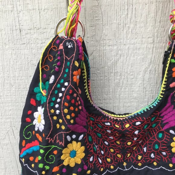 Handmade Floral Embroidered Mexican Satchel Morral Bag - Bolsa Bordada Mexicana - Picture 2 of 4